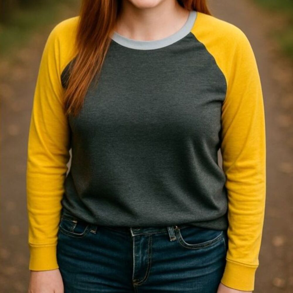 Maurices Womens Medium Mustard Yellow Gray Raglan Baseball Long Sleeve Tee